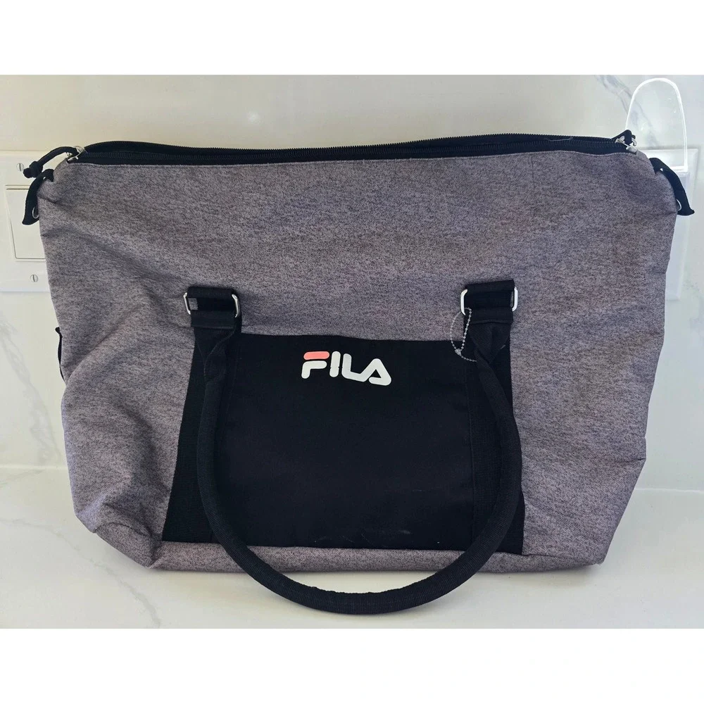 Fila‎ Grey Heathered Duffel Bag Black Trim Front Pocket Zip Closure 12x16 NWOT